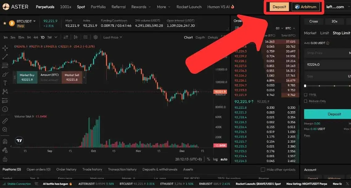 Interfaz de conexión de wallet en Aster mostrando el botón “Connect Wallet” y el ícono de la wallet