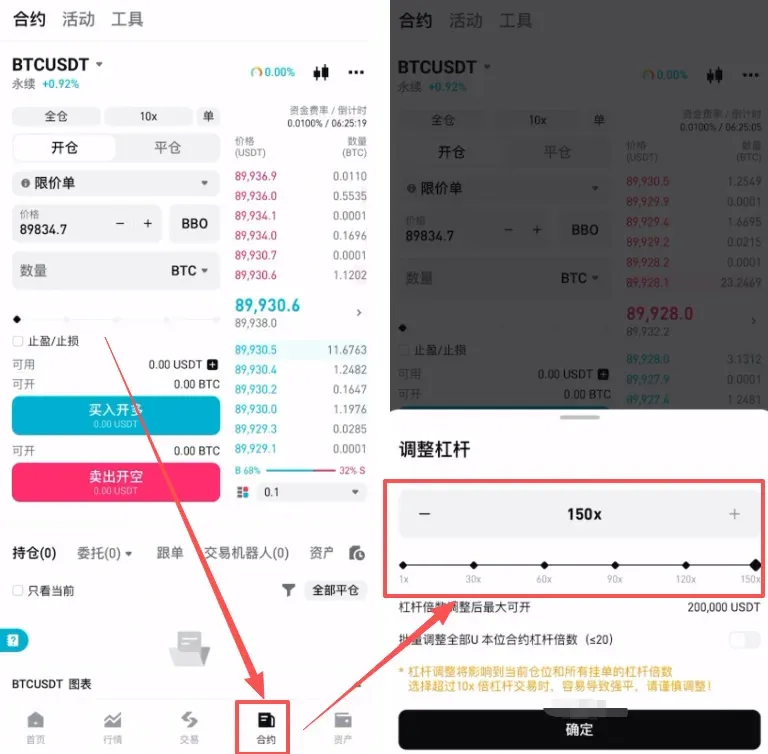 Bitget交易平台界面显示加元充值及150倍杠杆选项