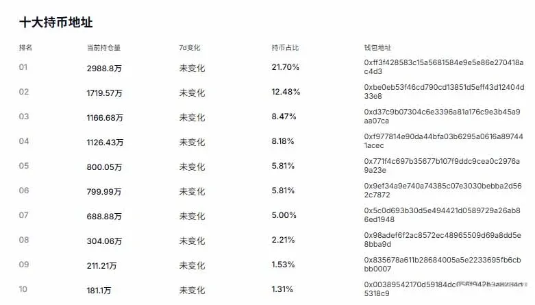Lista dos 10 maiores endereços detentores de BNB exibida pela Bithes
