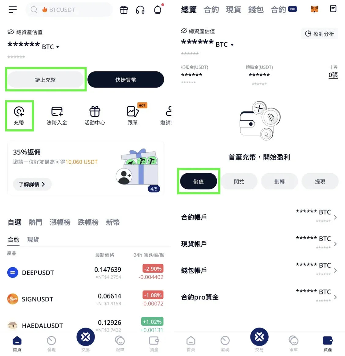 BTCC assets page showing USDT with TRC‑20 deposit address and QR code