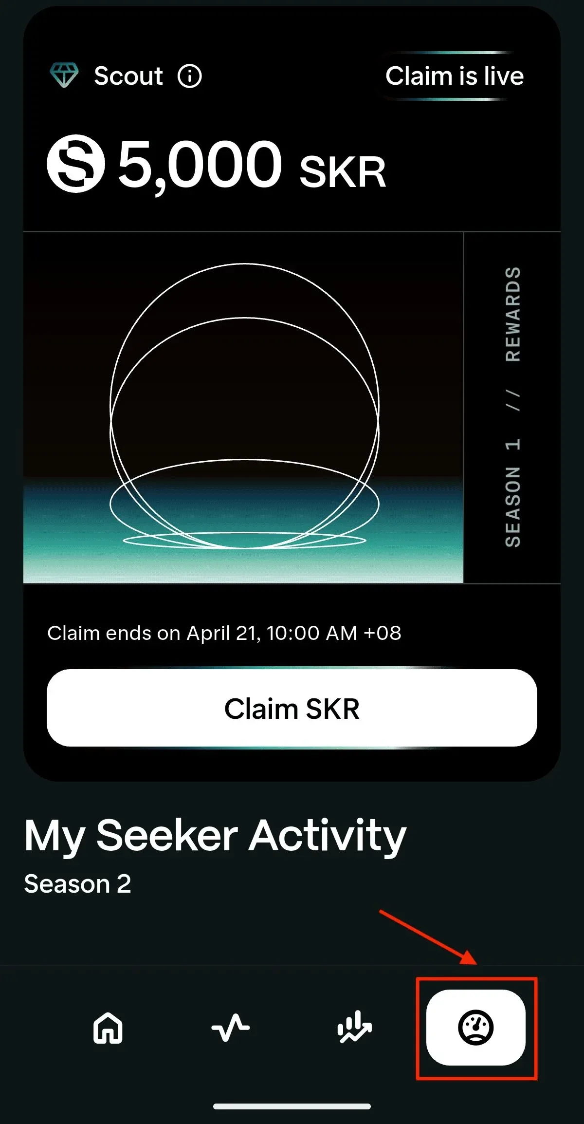 Seeker phone interface showing the Seed Vault wallet and activity‑tracking tab