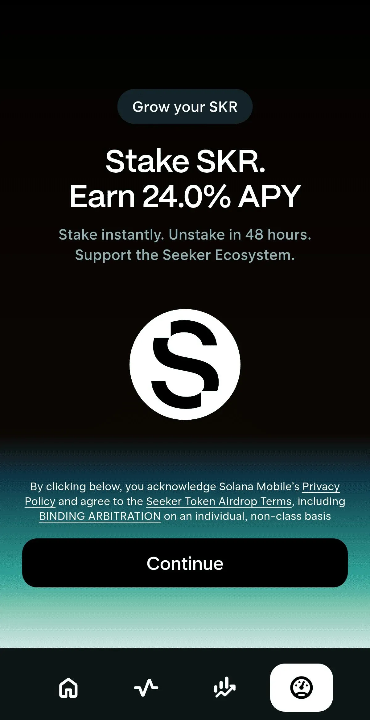 Solana Mobile phone interface showing SKR staking options and reward progress bar