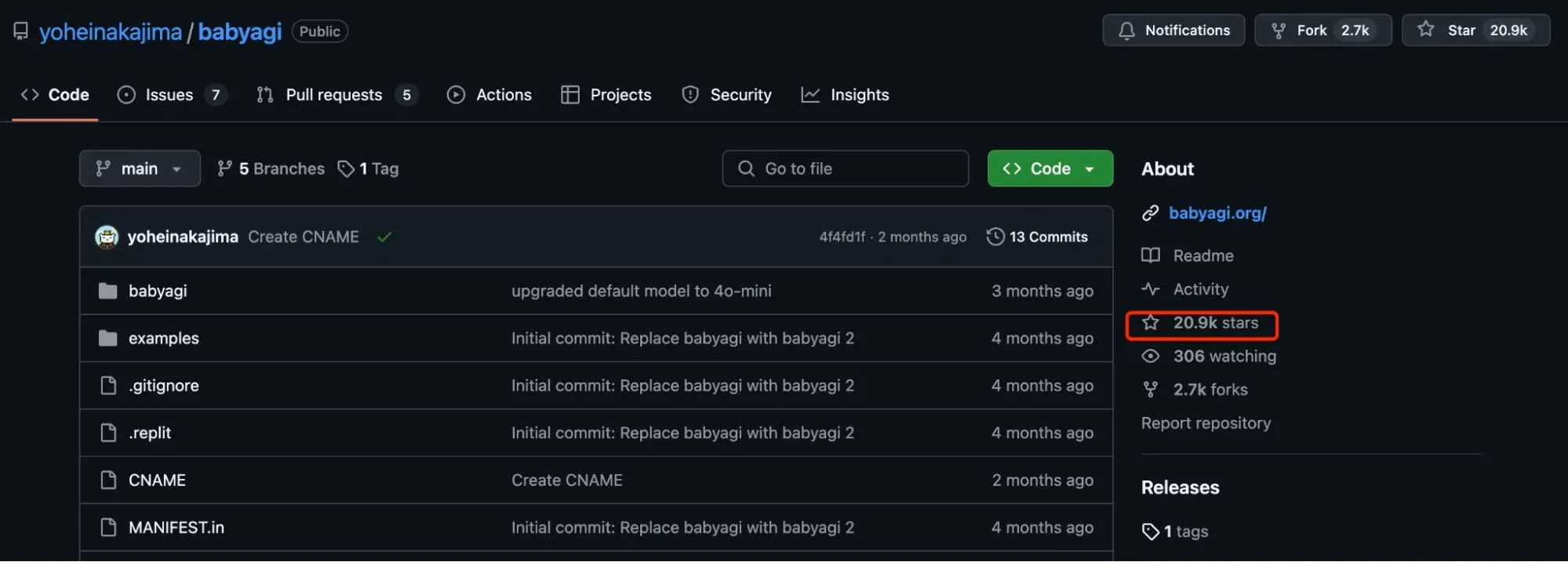 Página do projeto BabyAGI no GitHub com 20,9 k estrelas.