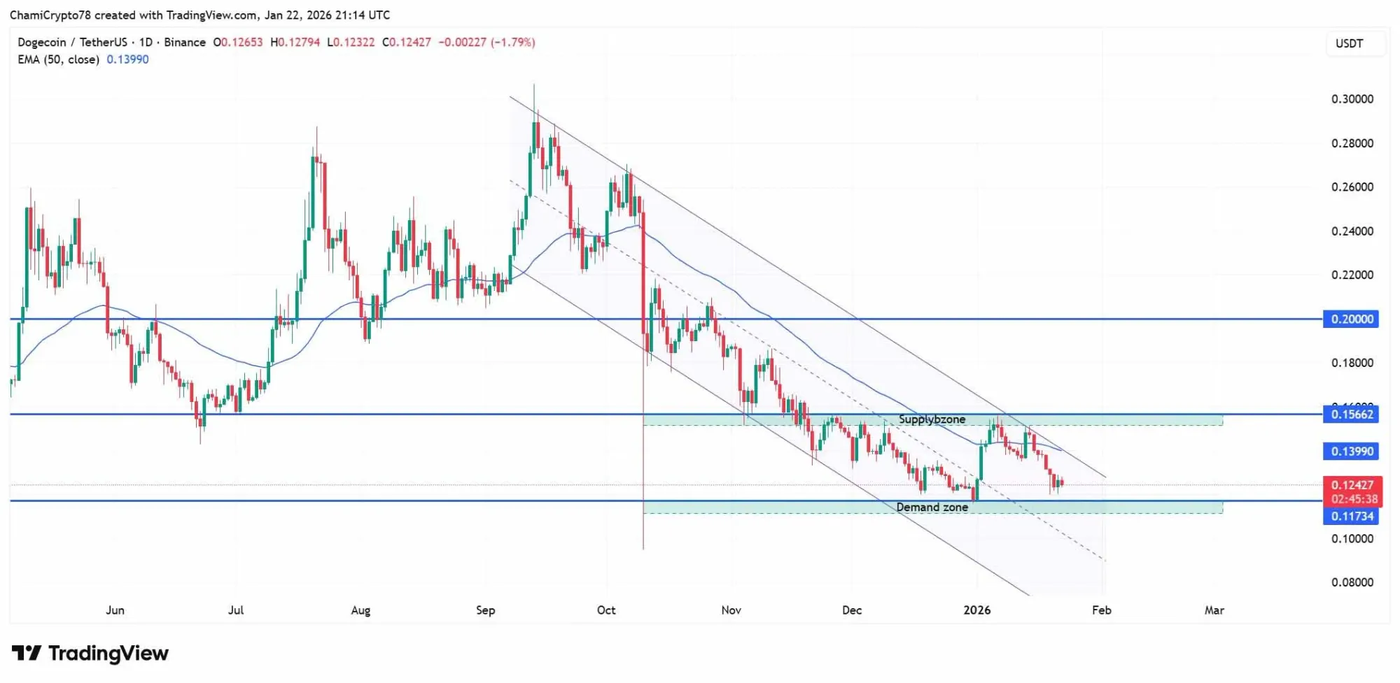 狗狗幣日線圖呈下降通道 0.115‑0.118 區間反彈 目標 0.18‑0.20