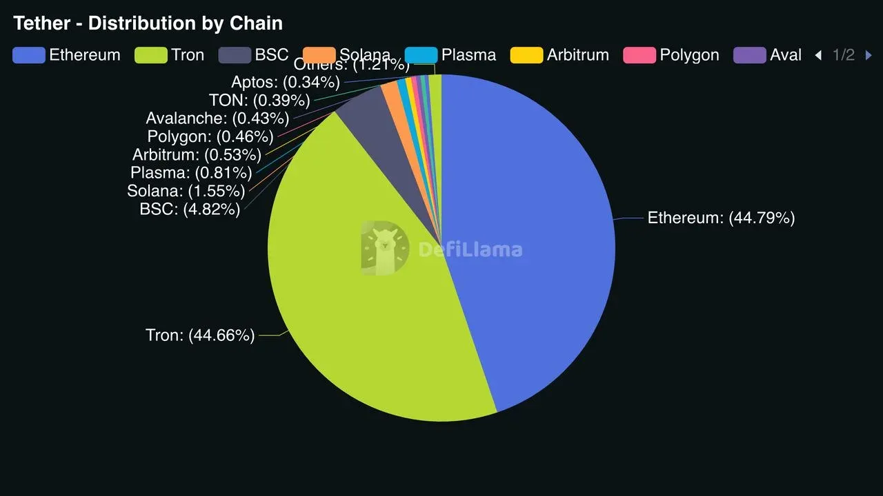 Bar chart of USDT market cap across different blockchains