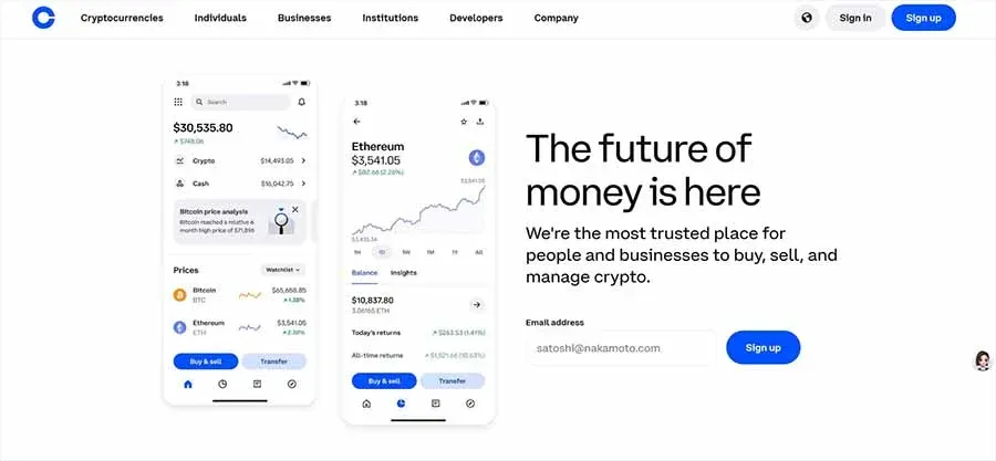 Coinbase 標誌與交易平台畫面示意圖