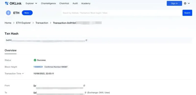 Tela de depósito da OKX mostrando mensagem de “não creditado”