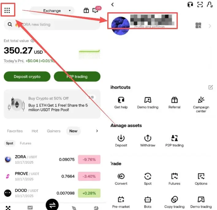 Tela de configurações do APP OKX, ao tocar no ícone do canto superior esquerdo para mudar o idioma para português