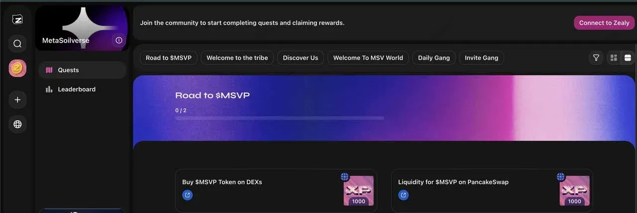 Zealy 上的 MSV 空投活动页面