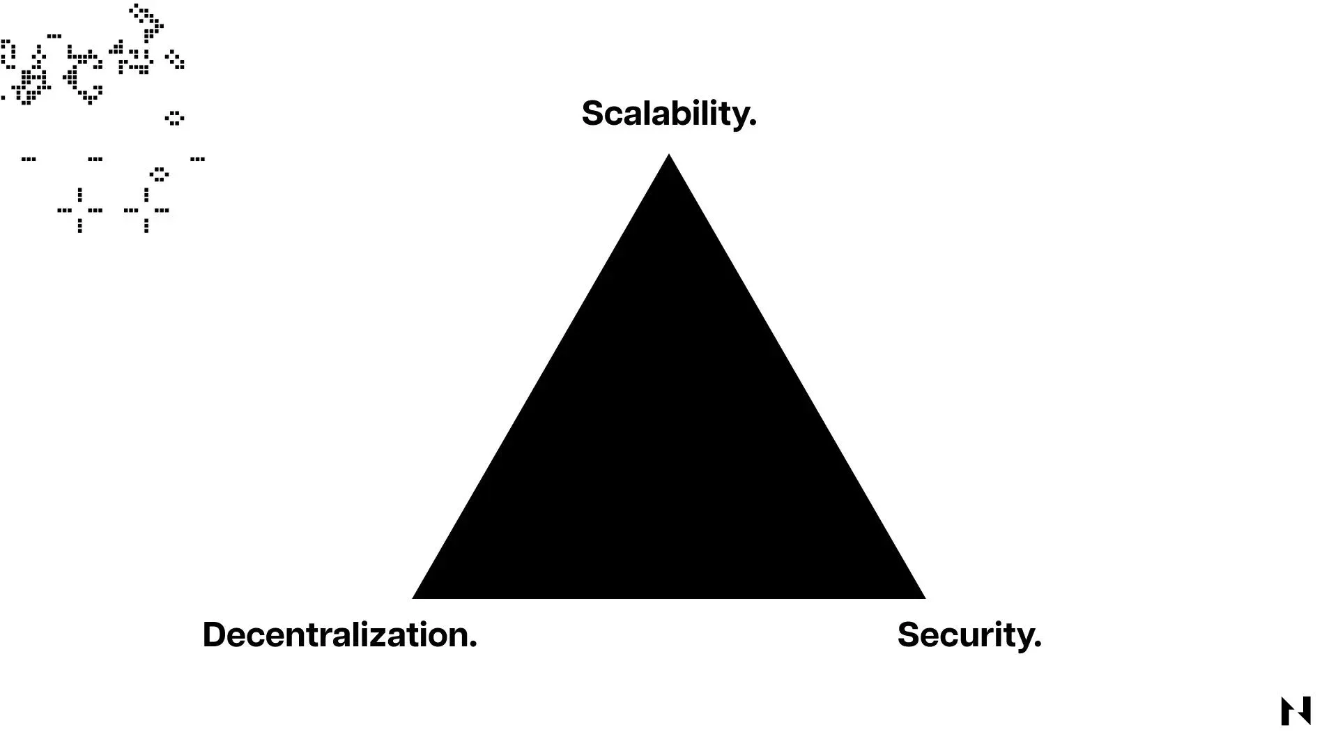 Diagrama del triángulo imposible de blockchain: puntos del triángulo etiquetados como descentralización, seguridad y escalabilidad