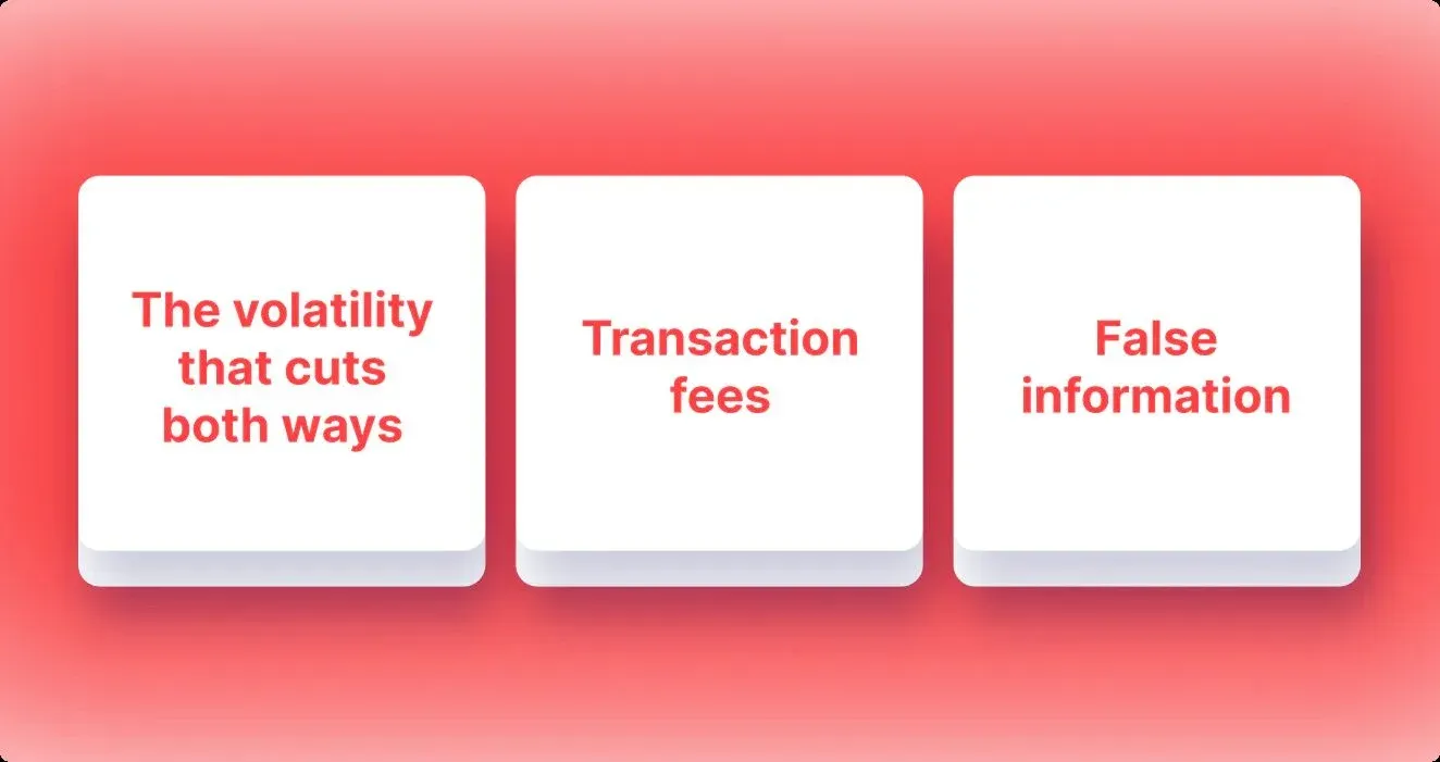 Ilustración de los riesgos del arbitraje de criptomonedas que incluye fluctuación de precios, comisiones y otros factores