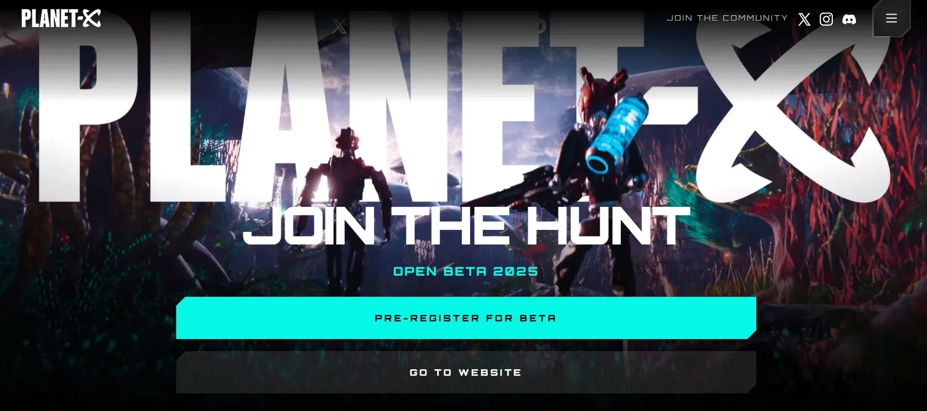 Interfaz del juego Planet‑X mostrando a un personaje armado explorando terrenos variados