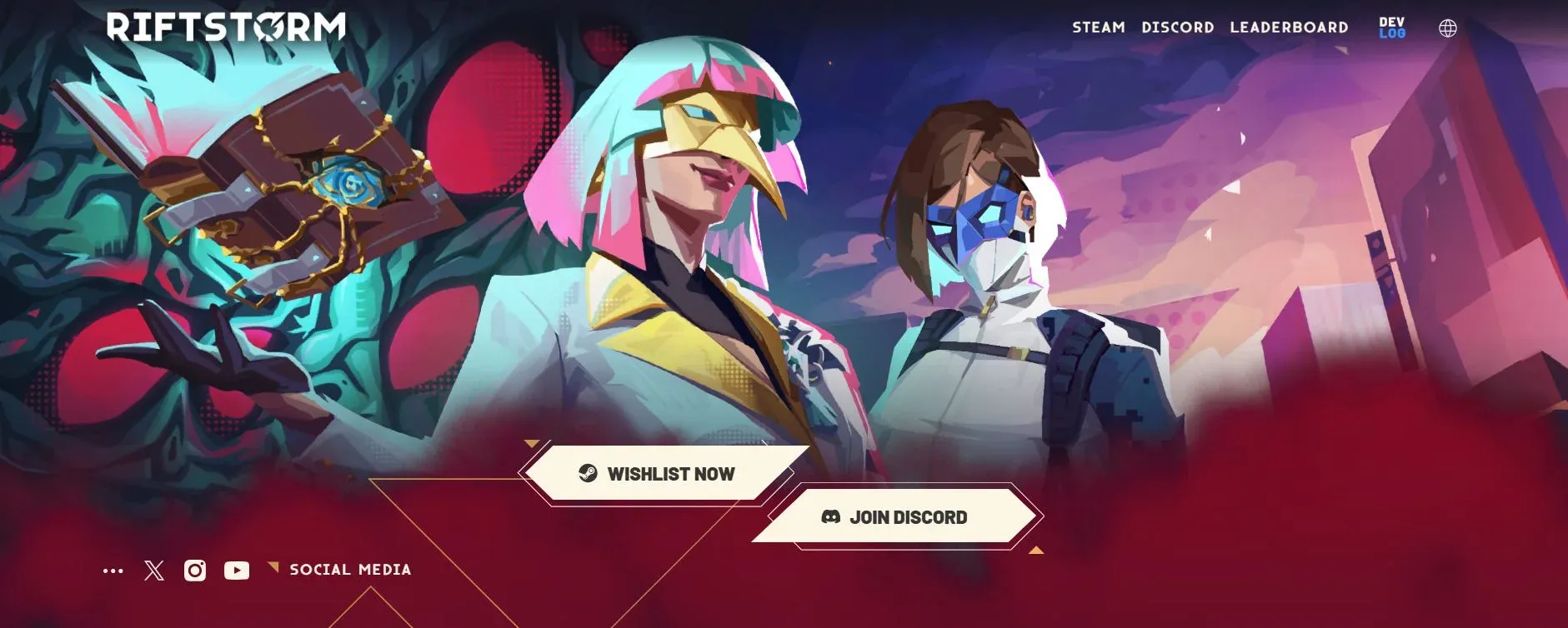 Página principal de Riftstorm mostrando una escena cooperativa de disparos y personajes