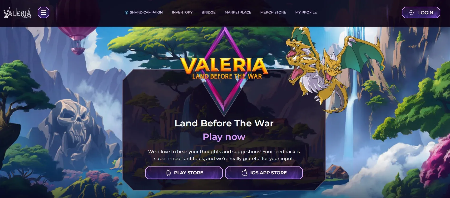 Página de inicio de Valeria mostrando la invocación de personajes y combate