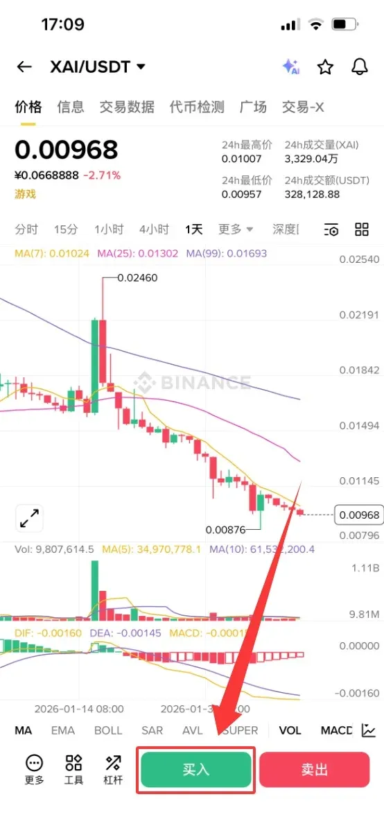 Formulario de orden limitada donde se ingresa precio, cantidad y se pulsa el botón Comprar XAI