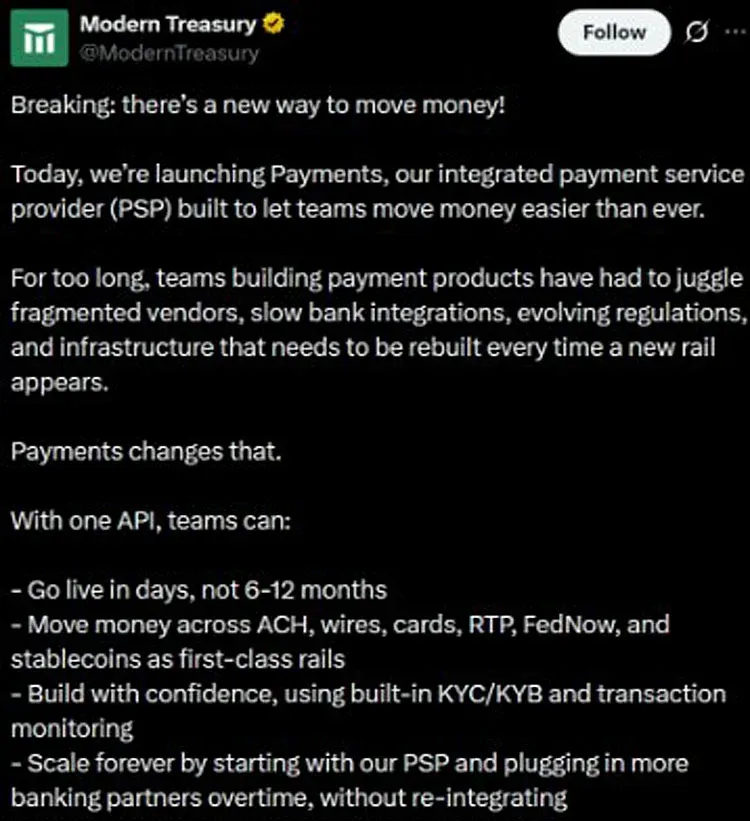 Modern Treasury: nueva integración de liquidación con stablecoins