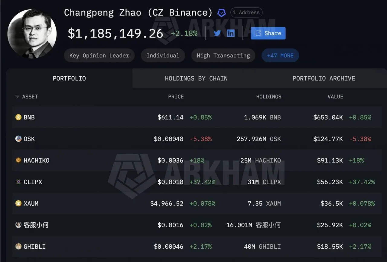 Distribución de tipos y cantidades de criptomonedas en poder de Zhao Changpeng