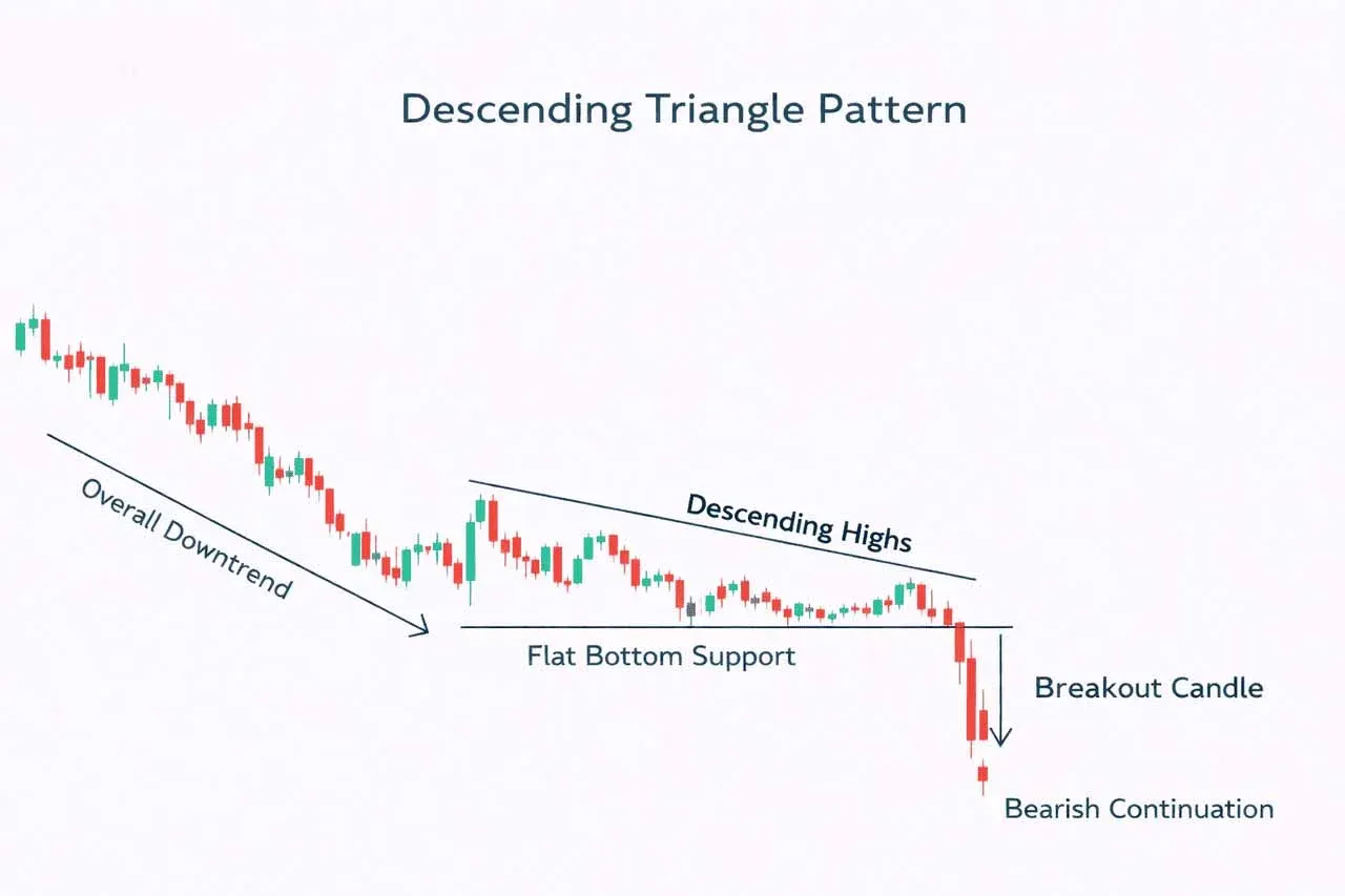 下降三角形形態水平支撐線與向下傾斜阻力線示意圖