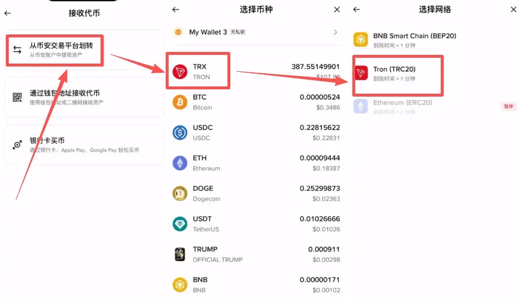 币安页面选TRX TRC20网络并点击全部提现转账