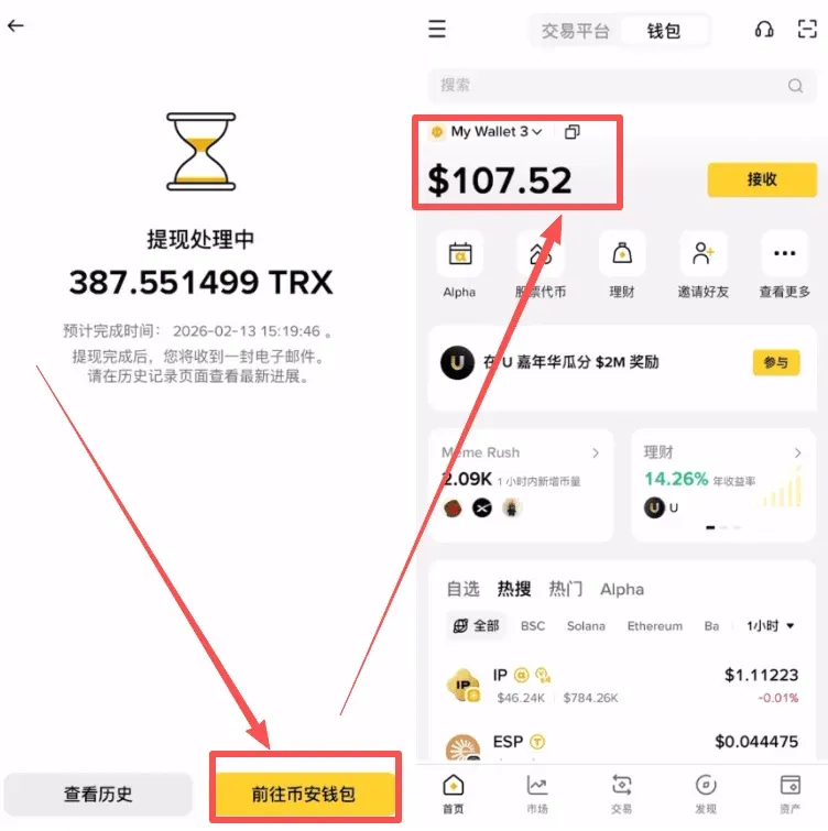 币安交易所转账页面显示TRX已提交待到账