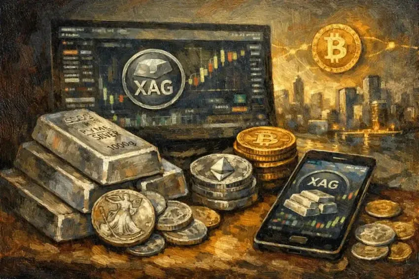 加密貨幣交易所中的代幣化白銀交易與資產數位化示意