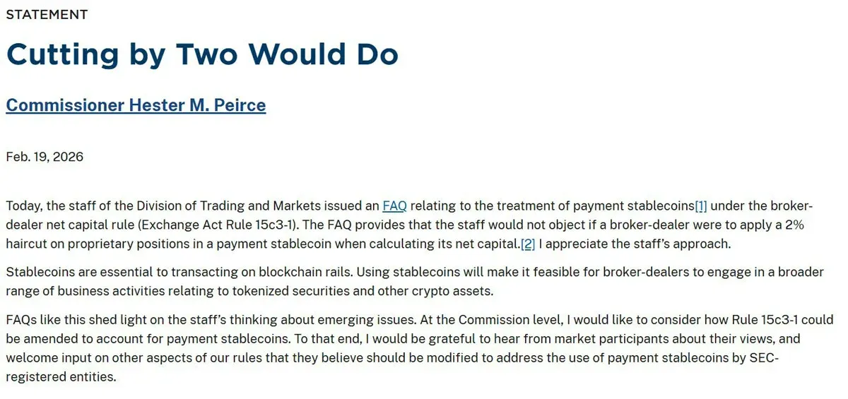 Gráfico da redução da taxa de desconto da stablecoin de corretora pela SEC dos EUA de 100 % para 2 %