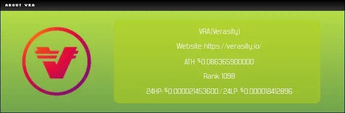 Verasity VRA 當前價格、漲跌幅、市場排名及歷史最高最低等資料表