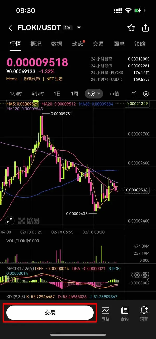 Trading page showing limit order fields and a “Buy FLOKI” button