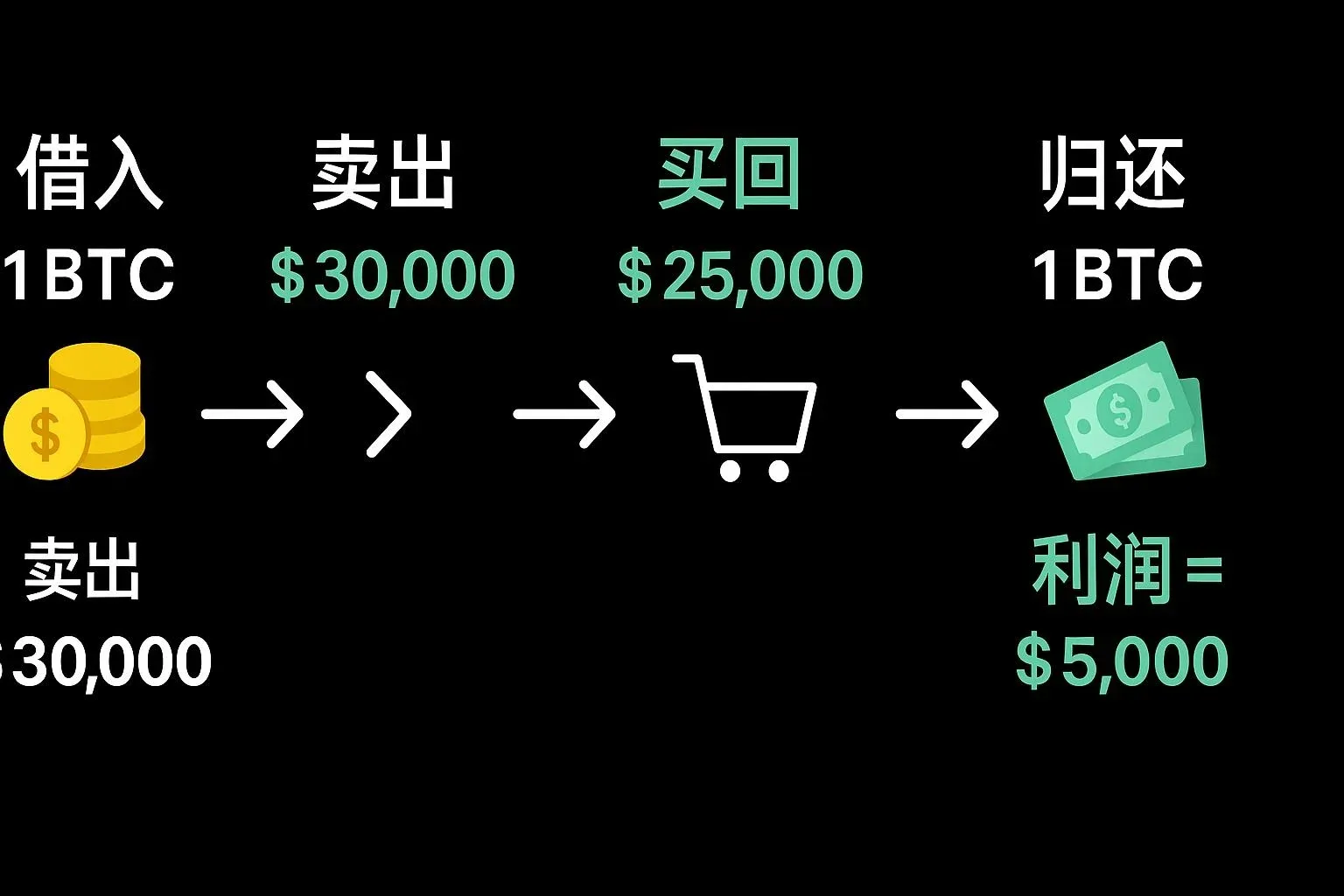 Ilustración de una posición corta apalancada en criptomonedas, mostrando la caída del precio y la línea de stop loss