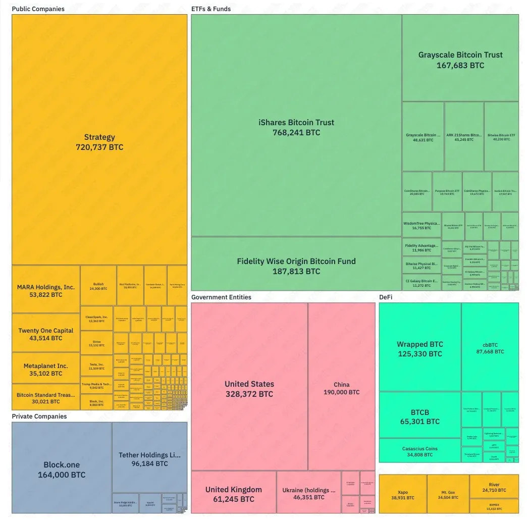 比特幣持有量分佈圖：國債公司、ETF、國家及 DeFi 包裝商