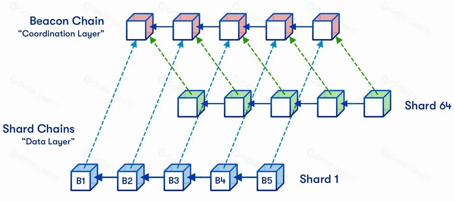 Ethereum 2.0 sharding architecture showing 1 beacon chain and 64 shard chains