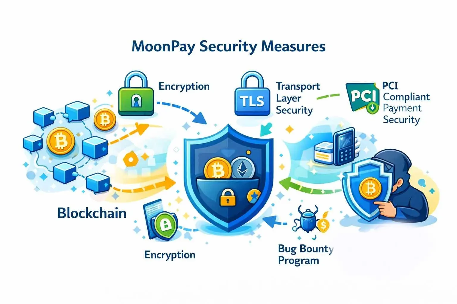 Esquema do modelo não custodial do MoonPay: ativos direto na carteira e verificação de identidade