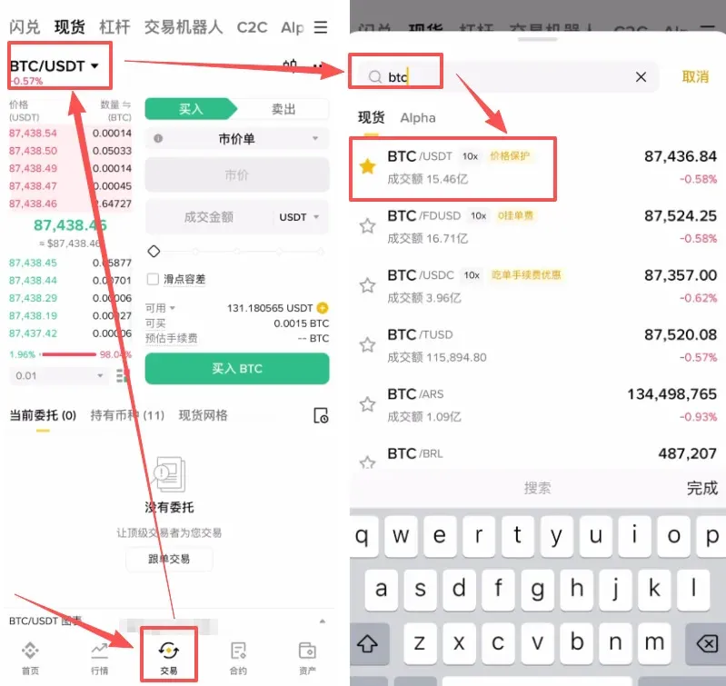 交易頁面顯示 BTC/USDT 交易對和下單按鈕