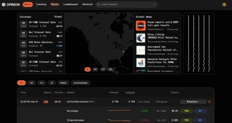 Opinion Trade 平台架构示意图，展示双链部署与交易流程