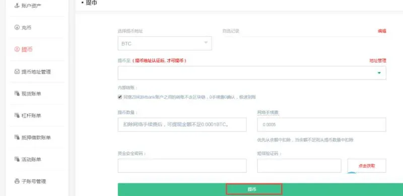 提币页面截图，包含地址、数量、密码、验证码输入框及手续费显示