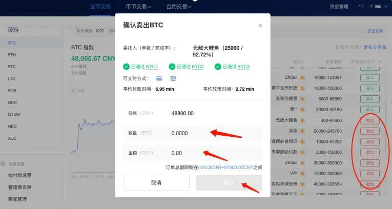 OKEx P2P页面，填写卖出价格和数量后点击确认