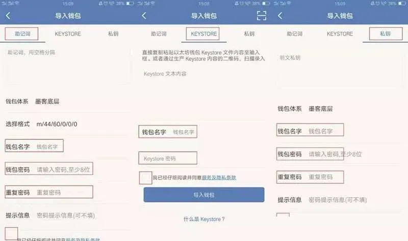 TokenPocket 导入页面展示助记词导入选项