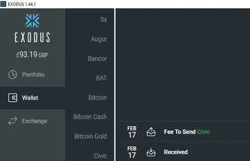 Exodus 钱包左侧标签及接收页面二维码