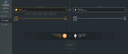 Exodus 钱包左侧加密货币列表与右侧目标币种选择框