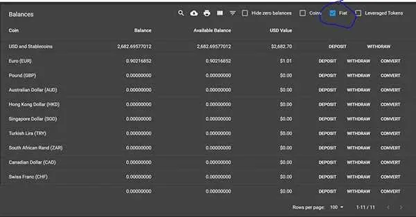 Etiqueta “Fiat” en la página de la billetera de FTX y lista de monedas disponibles
