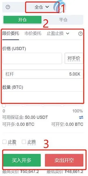 歐易合約交易頁面顯示全倉逐倉切換買入開多按鈕