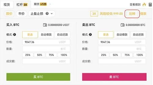Interfaz de trading que muestra la opción de transferir margen desde Spot a Margin, con campos para seleccionar criptomoneda y cantidad