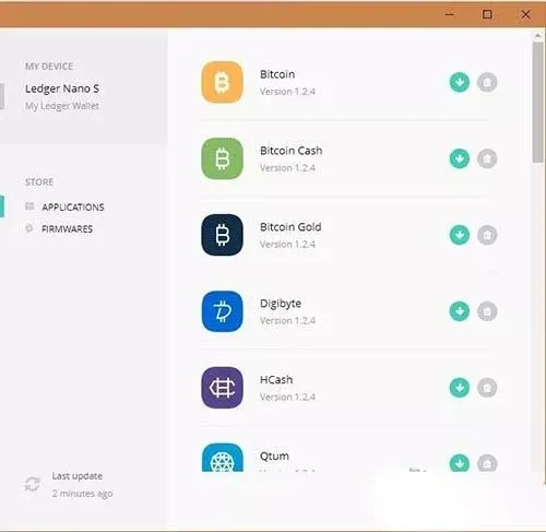 Interfaz del administrador de dispositivos Ledger, mostrando la conexión establecida y listando las aplicaciones de cada criptomoneda