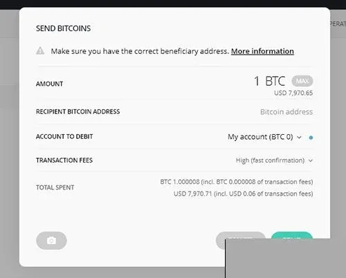 Ledger Nano S 屏幕显示发送比特币确认界面