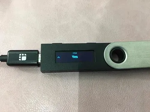 Ledger 设备屏幕显示 Yes 选项并提示左右键确认