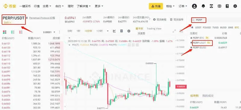 币安搜索 PERP，展示 PERP/USDT 行情