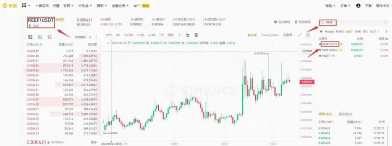 Trading platform search box with REEF selected and the REEF/USDT pair highlighted