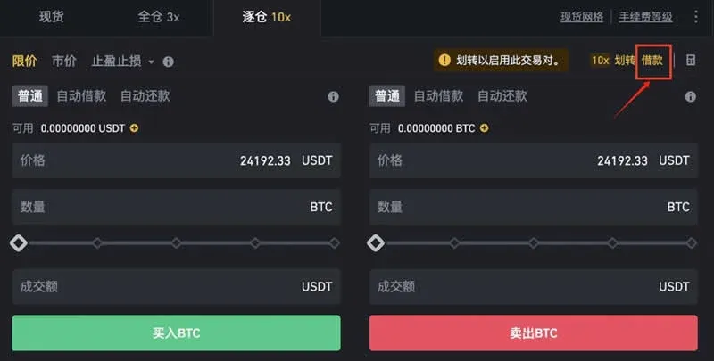 幣安交易頁右側借款按鈕及彈出借款視窗