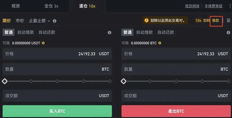 幣安交易頁右側借款按鈕與還款彈窗介面