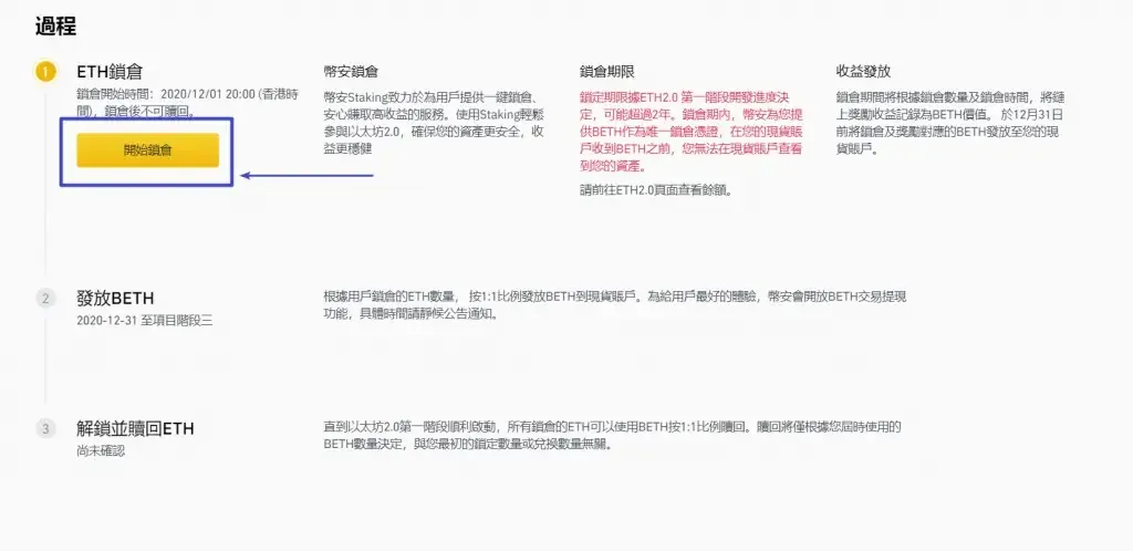 币安ETH2.0锁仓页输入数量框和开始锁仓按钮